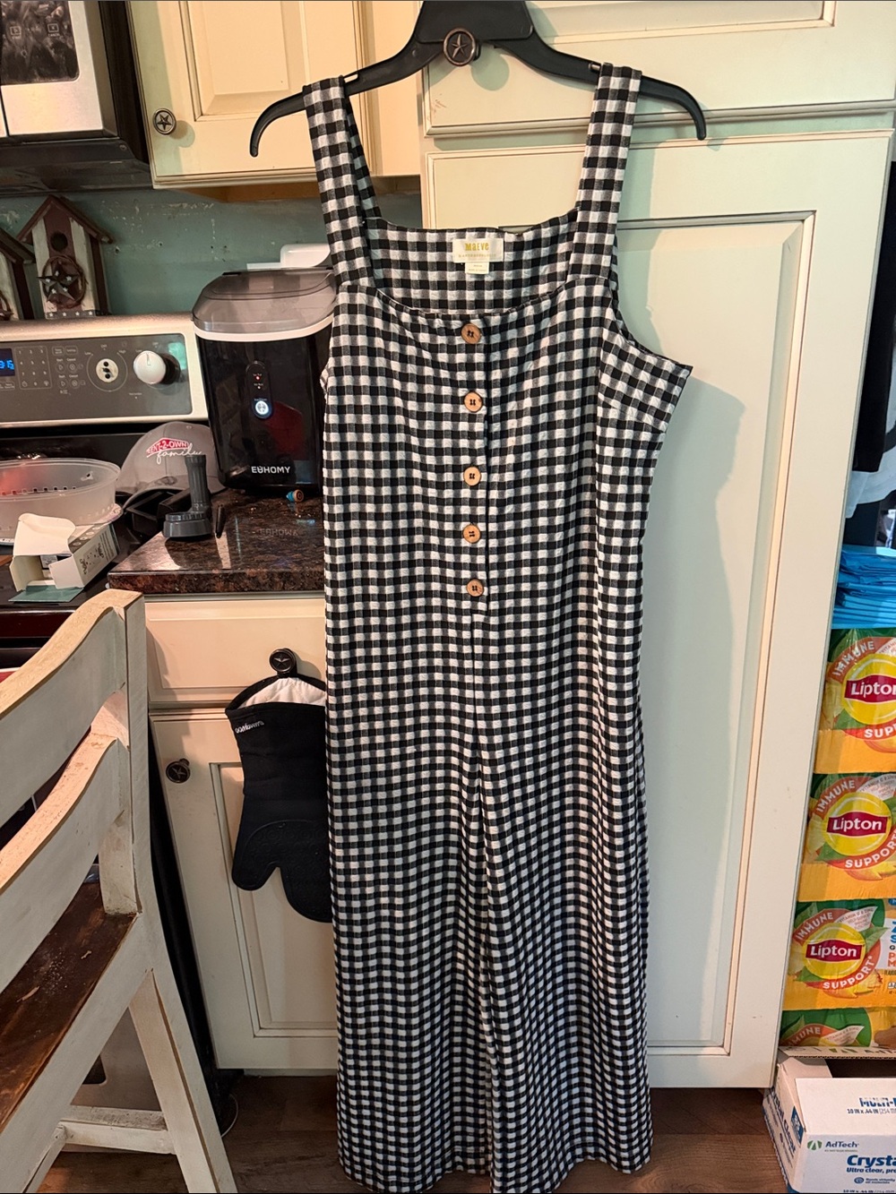 Anthropologie Black and White Gingham Button-Front Jumpsuit